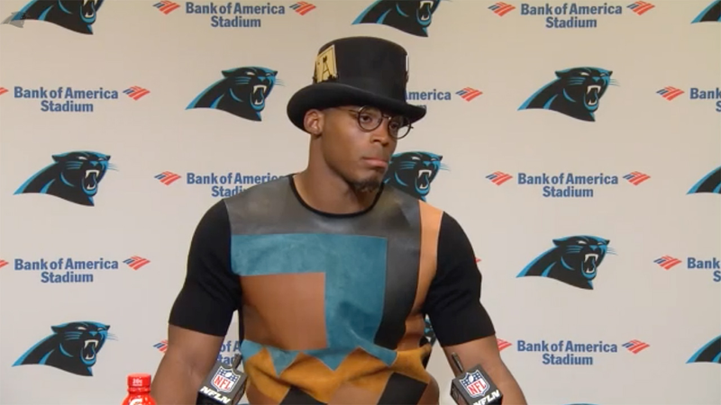 Cam Newton looks ace during his Sept. 25 postgame press conference. (Screenshot: Carolina Panthers)